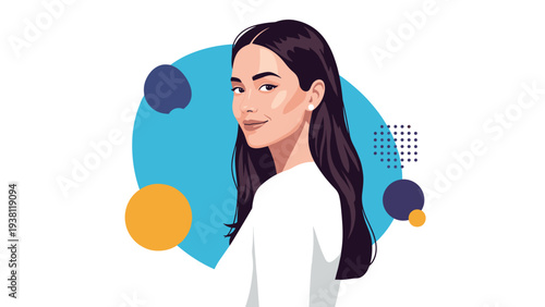 Beautiful woman with long dark wavy hair looking back over her shoulder with a soft smile against an abstract colorful background.