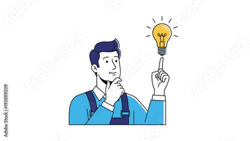 Professional worker in a blue uniform and cap touches his chin thoughtfully while pointing at a glowing lightbulb icon representing an idea.