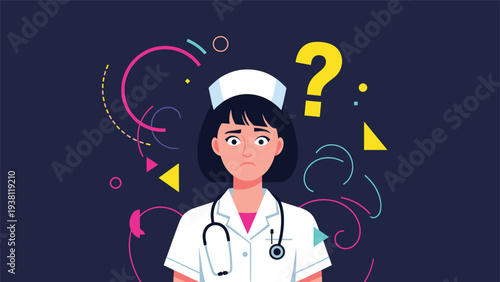 Concerned nurse in uniform looking confused with question mark and abstract design elements representing a difficult medical decision.