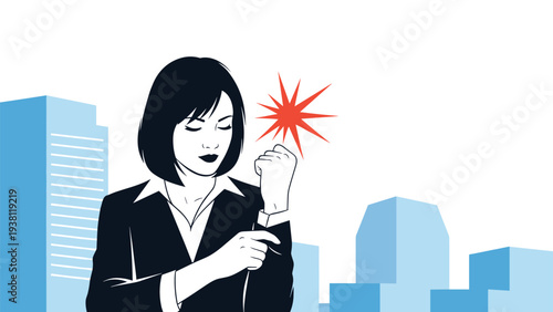 Confident businesswoman in suit preparing for work with a red star spark effect against a stylized urban city skyline background.