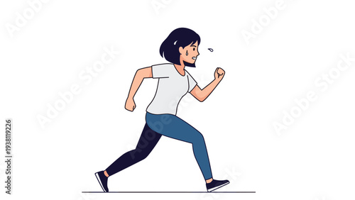 Determined young woman jogging with effort and sweating during a morning run exercise session on a simple white background.