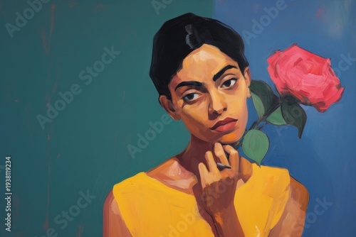 Woman holding a flower painting portrait adult.