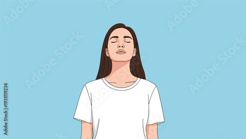 Young woman in white t-shirt keeping her eyes closed and appearing peaceful, calm, and relaxed against a light blue background.