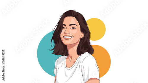 Portrait of a joyful and positive young woman smiling brightly with brown hair in front of colorful circular background shapes.