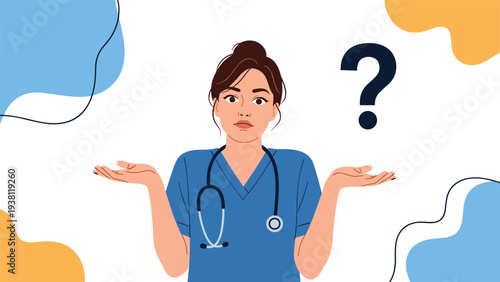 Professional female nurse shrugging her shoulders with a confused facial expression and a large question mark on white background.