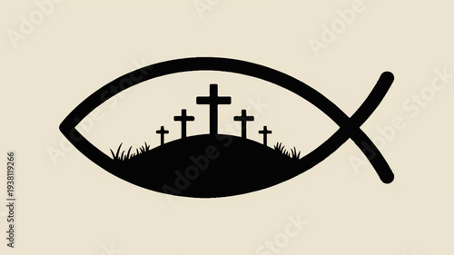 Christian fish symbol with crosses on hill silhouette representing faith and spirituality in a simple iconic design