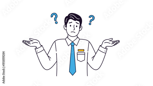 Businessman wearing white shirt and blue tie shrugging his hands in confusion with question marks above his head on white background.