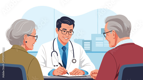 Friendly male doctor consulting with an elderly senior couple and taking notes in a bright medical office or clinic setting.