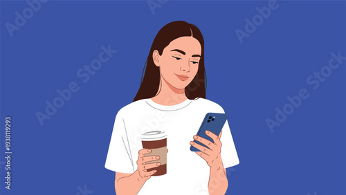 Young woman looking down at her smartphone while holding a takeaway coffee cup against a solid deep blue colored background.
