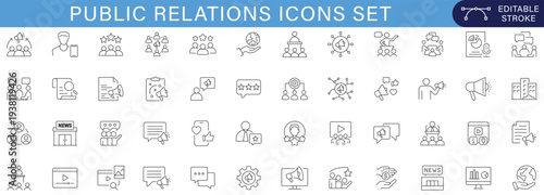 Public Relations Icons Set Communication Media Marketing Strategy Business Network Reputation Management Press Conference Crisis Branding Outline Collection. Editable stroke
