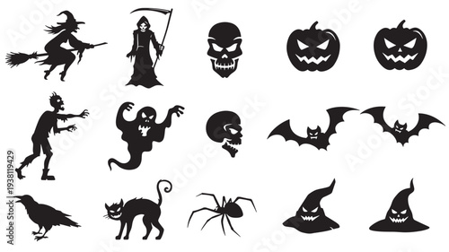 Halloween icons with witch, grim reaper, skulls, pumpkins, bats, zombie, ghost, crow, black cat, spider, and hats
