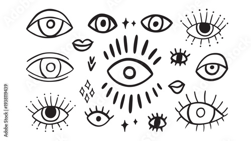 Eyes and lips hand drawn abstract symbols, cosmic stars and shapes in a minimalist black outline style.
