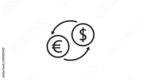Coins with euro and dollar symbols and circular arrows, representing currency exchange and monetary transactions.