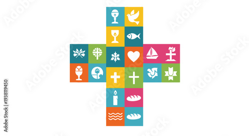 Christian Cross Made of Colorful Icons Representing Faith and Spirituality