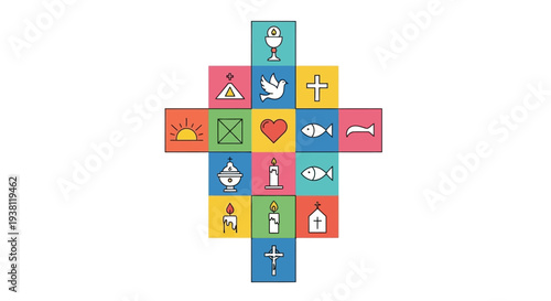 Christian Religious Symbols Arranged in a Geometric Cross Shape on White