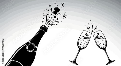 Champagne Bottle Popping Cork with Bubbles and Toasting Glasses Celebration