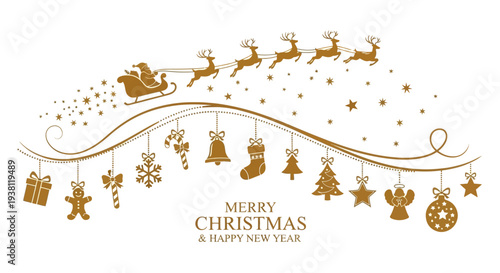 Christmas and New Year greeting card with Santa's sleigh and festive ornaments