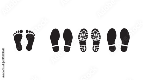 Footprints and shoe prints set with black icons on a white background, representing different walking styles.