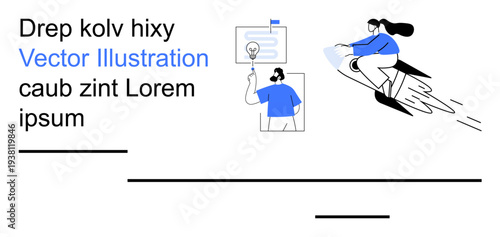 Entrepreneurship, teamwork, innovation, business growth, goal setting, creativity. Person riding a rocket alongside a team brainstorming ideas. Innovation and business growth concept
