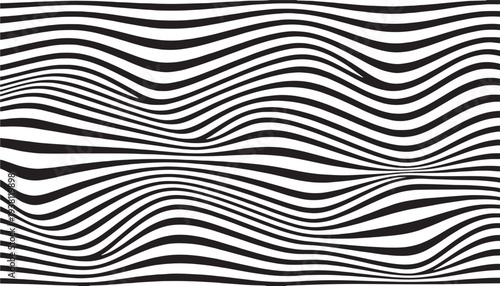 Stripes flowing wavy black and white pattern with optical illusion effect creating depth and movement on a pure white background.