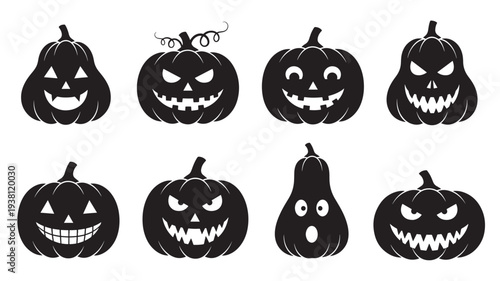 Pumpkins carved for Halloween with various spooky and funny facial expressions in a black silhouette design for festive decoration.