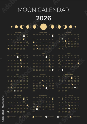 2026 year lunar calendar, monthly lunar cycle planner template. Astrological lunar phase schedule and cycles banner, card, poster Boho vector illustration
