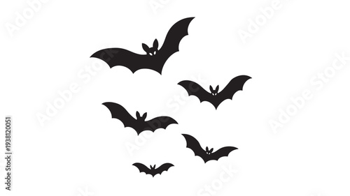 Bats black silhouettes flying in a scattered formation on a white background, iconic Halloween symbols.