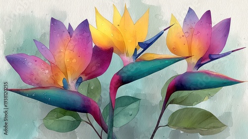 Watercolor depiction of three vibrant bird-of-paradise flowers with striking colors