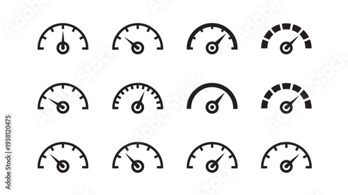 Speedometer icons with pointers indicating different levels on a semi-circular gauge with measurement marks, isolated on white background.