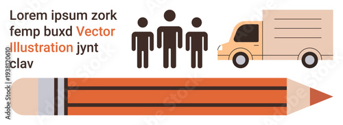 Teamwork, logistics, education, creative process, collaboration, delivery services. three people, a truck and a pencil. Teamwork and logistics visually