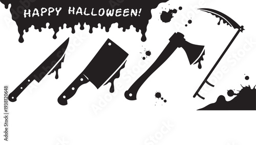 Weapon icons set with blood splashes and Happy Halloween text, silhouette style featuring scary, horror, haunted with spooky and creepy elements for