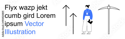 Business, career development, growth, agriculture, tools, productivity. A woman with a folder next to growth arrows and an agricultural tool. Career development and growth concept