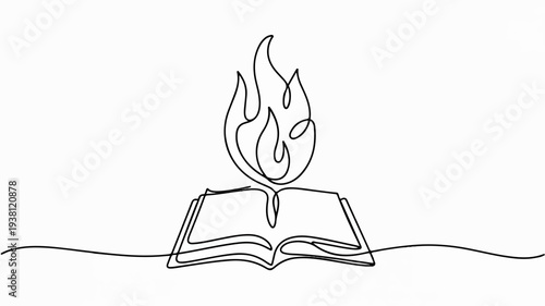 Open book with flame emerging from pages on white background symbolizing knowledge and learning