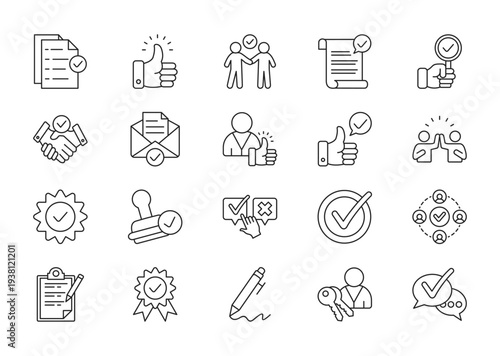 Approval thin line icon set. Containing approval, thumbs up, agreement, validation, handshake, confirmation