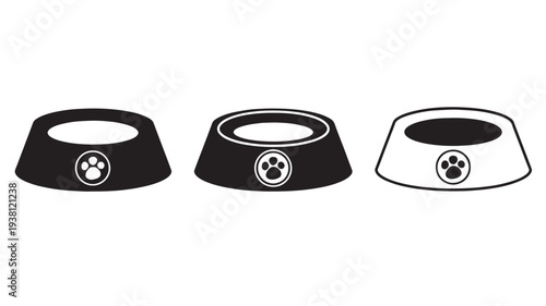 Pet bowls with paw print icons, set of three black and white illustrations for animal food and water, clean simple design.