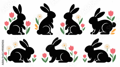 Six black rabbits sitting among colorful tulips and flowers on white background spring concept