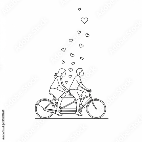 A minimalist line art illustration of a couple riding a tandem bicycle with hearts floating above them