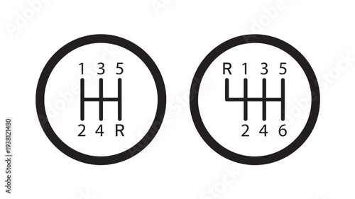 Gear shift knob icons with markings for 5-speed and 6-speed manual transmission systems featuring car parts, automobile, shifter with gearbox and