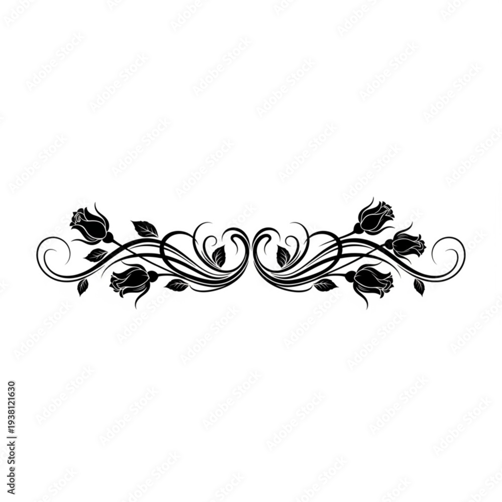 Fototapeta premium A beautiful black floral border with roses and leaves on a white background