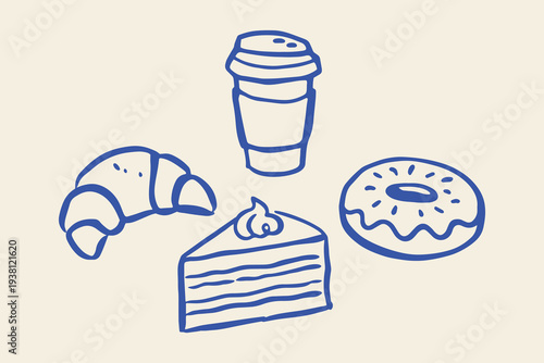 Coffee and pastry set naive outline sketch vector illustration
