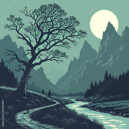 Moonlit Mountain Valley with River and Lone Tree Digital Painting