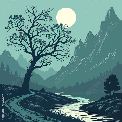 Moonlit Mountain Valley with River and Lone Tree Digital Painting