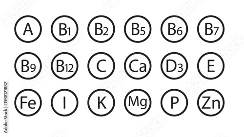 Circular icons representing various vitamins and minerals like A, B1, B2, B5, B6, B7, B9, B12, C, Ca, D3, E, Fe, I, K, Mg, P, and Zn.