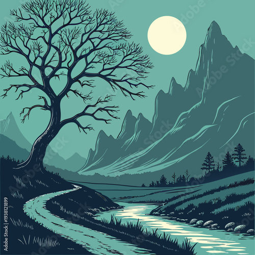 Moonlit Mountain Valley with River and Lone Tree Digital Painting