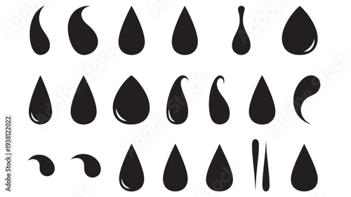 Water drops black silhouette collection with various shapes and sizes suitable for design elements. featuring liquid, droplet, icon with symbol and