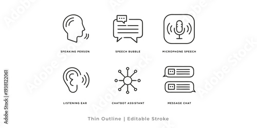 Minimalist communication line icons including speaking person and chatbot assistant for modern customer service interface