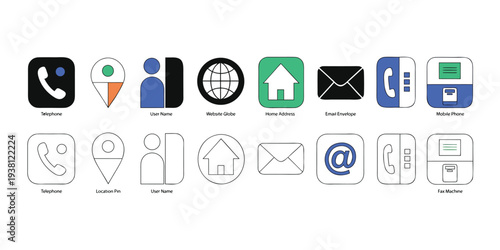 Set of contact information icons including telephone location pin user name website globe home address and email envelope