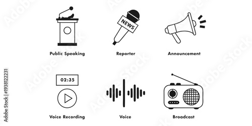 Media communication set featuring public speaking podium reporter microphone announcement megaphone voice and radio broadcast
