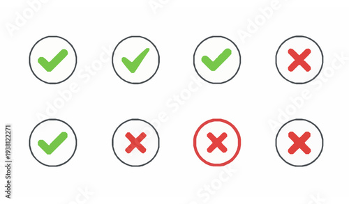 Green check tick and red cross mark circle symbols for approval validation checklist and confirmation flat vector icons