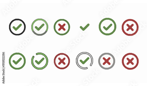 Flat check tick and cross x circle icon collection for approval reject confirmation and validation symbols vector